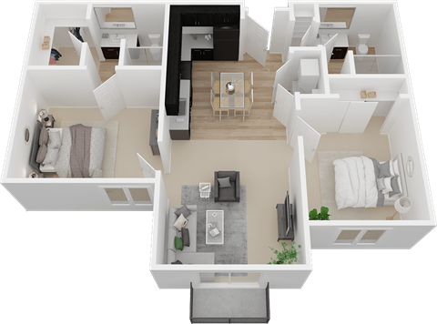 Floor plan for 2 beds, 2 baths, 1032 sqft